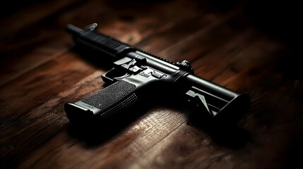 Black Rifle on Dark Wooden Surface