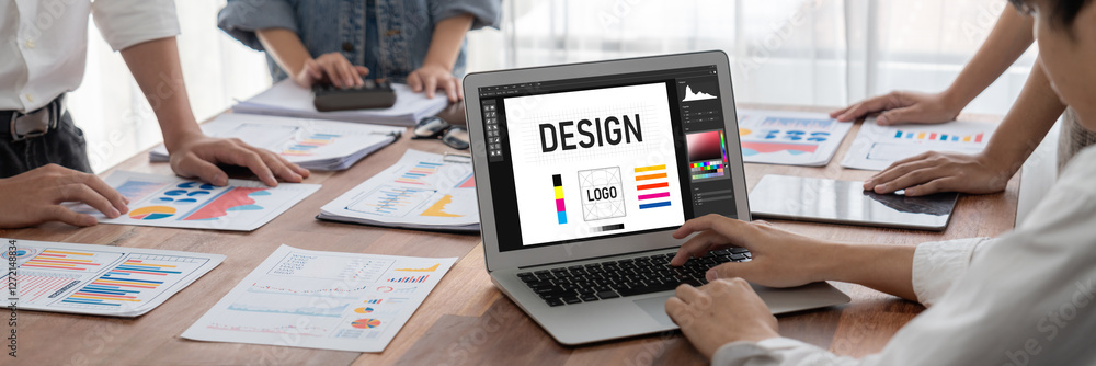 Fototapete Graphic designer software for modern design of web page and commercial brisk ads showing on the computer screen