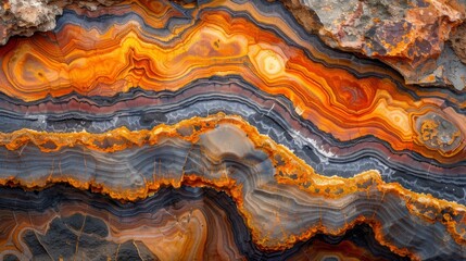 Fototapeta premium Striking layers of orange and gray create a vivid display in a rock formation, showcasing the beauty of natural minerals at a geological site during daylight.