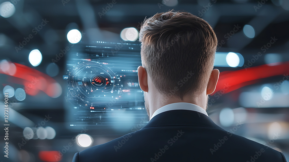 Poster futuristic business strategy concept with holographic display corporate setting digital visualizatio