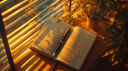 Golden hour illuminating an open notebook with a pen, placed near a potted plant and window blinds.