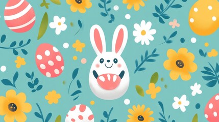 Obraz premium Easter 2D Vector Pattern | Cute Minimalist Easter Eggs, Bunnies & Flowers | Pastel Spring Seamless Design for Holiday Decor & Gift Wraps