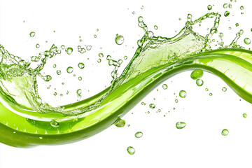 Aloe vera juice splashes energetically, forming waves and droplets against a pure white backdrop, showcasing its vibrant green color