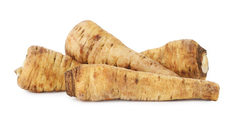 Many fresh parsnips isolated on white. Root vegetable