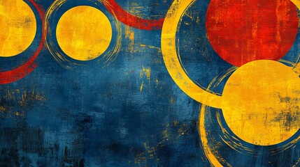 Vibrant yellow and red circles stand out against a textured blue background, creating an eye-catching abstract design.