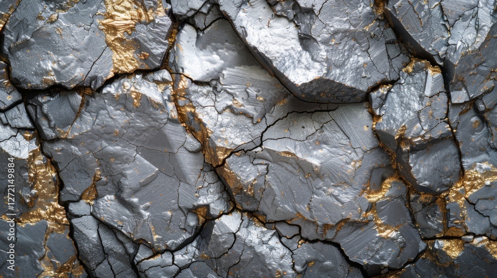 Poster Detailed view of a rugged surface displaying cracked silver and gold textures. The interplay of colors and patterns creates a visually striking and complex appearance.