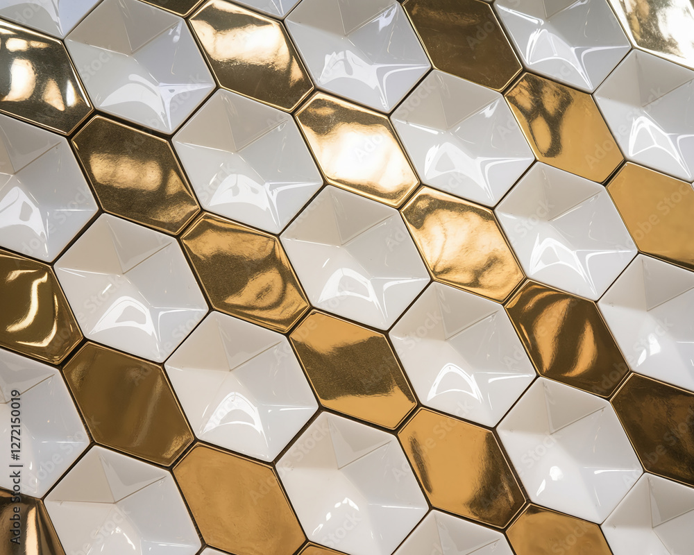 Poster a visually striking arrangement of hexagonal white and gold tiles creating a modern and luxurious ge