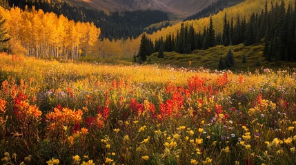 Wildflowers bloom brightly in a meadow, bathed in the warm glow of an early morning sun. Golden hues of autumn paint the landscape, creating a picturesque backdrop for the vibrant blooms.
