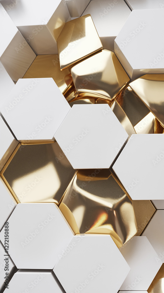 Poster a modern abstract composition of white and gold hexagonal tiles arranged in an elegant pattern, repr