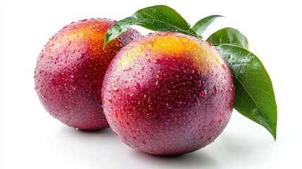 Fototapeta premium two ripe mangoes with green leaf isolated