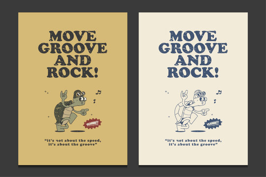 retro 30s poster or graphic t-shirt design featuring a playful turtle cartoon character, vector illustration