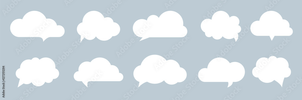 Poster collection of cloud speech bubbles shape. simple white clouds talk balloons set. element for creativ