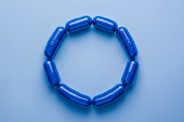 Circular arrangement of vibrant blue capsules set against a soft blue background emphasizing medication and health solutions