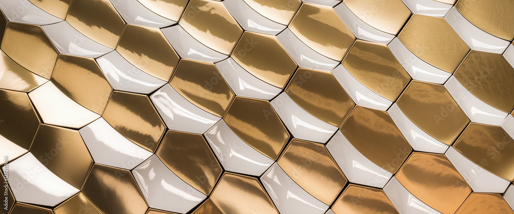 Poster a sophisticated pattern of interlocking hexagonal tiles in gold and white, representing modern geome