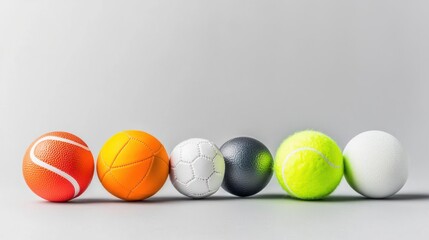 Colorful Sports Balls Arranged in a Row on a Grey Background