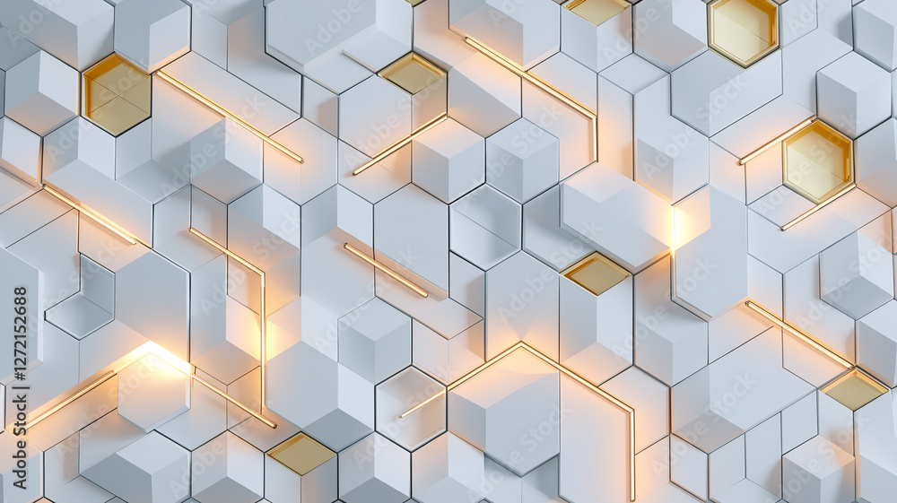 Poster a modern high-tech minimalistic design featuring a pattern of illuminated white and golden hexagonal