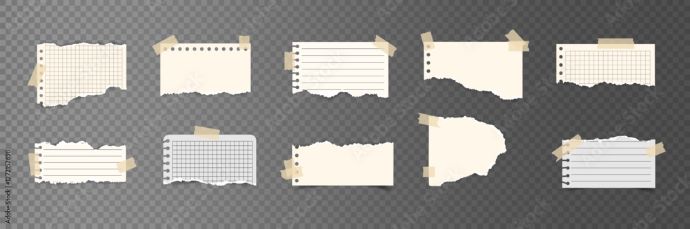 Poster set of torn paper notes with adhesive tape. collection of ripped lined and grid notebook pages with 