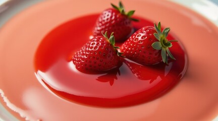 Juicy strawberries in a vivid scarlet sauce, showcasing sweet detail and a modern, mouthwatering presentation.