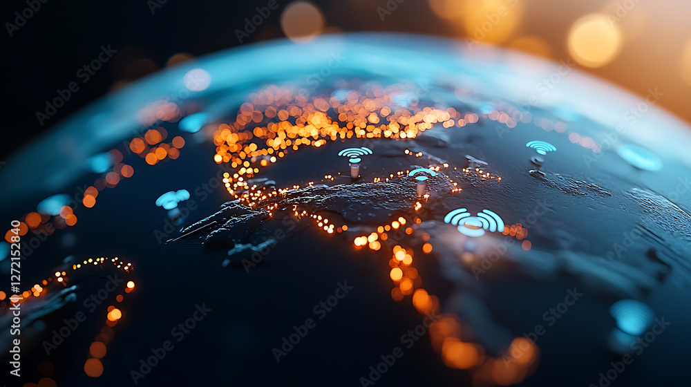Poster analyzing vibrant iot icons over global connectivity map technology digital visualization urban envi