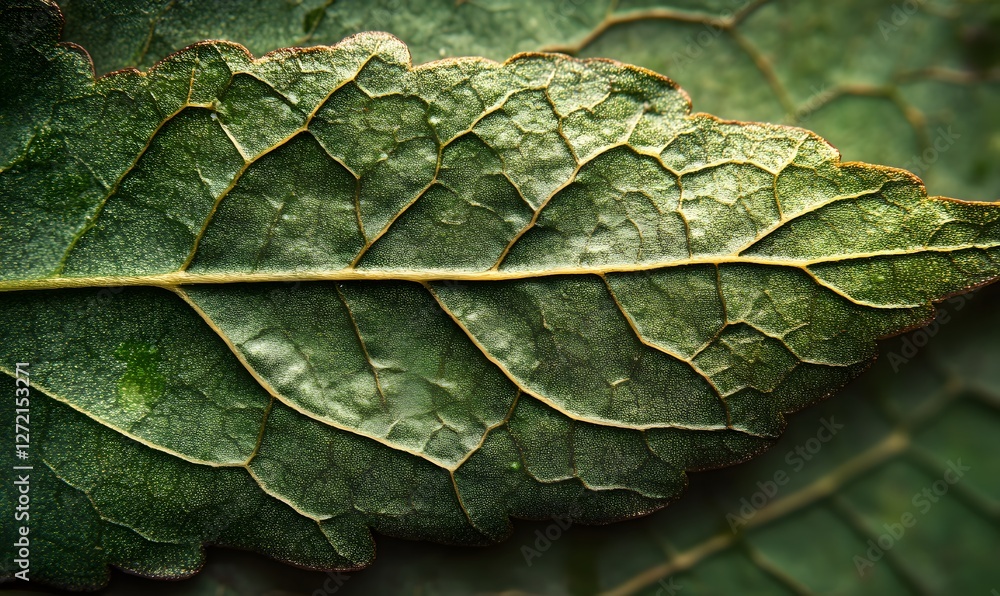 Poster detailed close-up of a green leaf with intricate vein patterns and textured surface