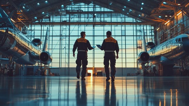 Inside a spacious aircraft hangar aglow with soft twilight light, two flight engineers share ideas as they walk past sleek, parked airplanes. Their camaraderie shines amidst aircraft reflections