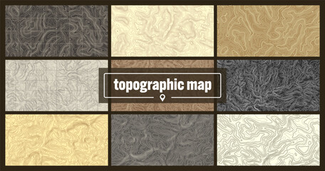 Colorful topographic map with contour lines. Geographic terrain grid, relief height elevation. Ground path pattern. Travel and navigation, cartography design element. Vector illustration