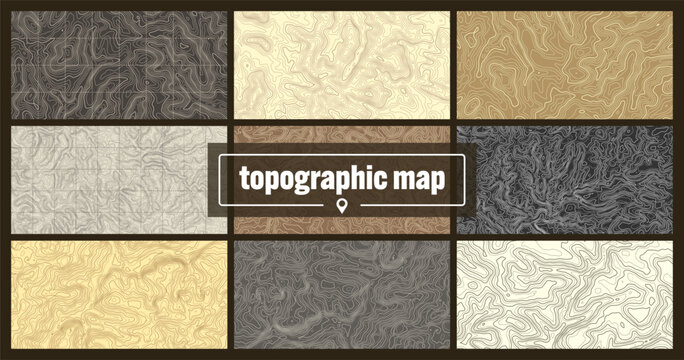 Colorful topographic map with contour lines. Geographic terrain grid, relief height elevation. Ground path pattern. Travel and navigation, cartography design element. Vector illustration