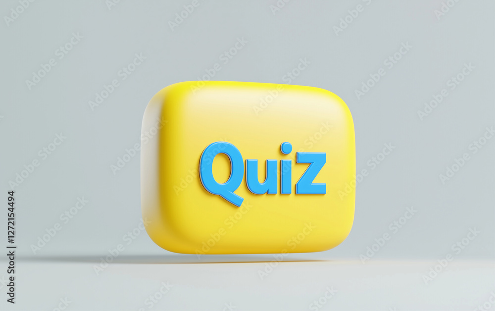Poster Quiz button on light background. Quiz button with blue Quiz text. Yellow Quiz button