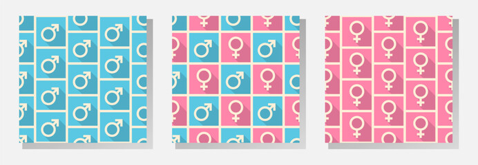 Blue and pink male and female gender symbols on white background. Vector seamless patterns collection. Best for textile, wallpapers, wrapping paper, package and festive decoration.