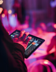 View of lighting technician with tablet, operator controlling sound and light during live event...