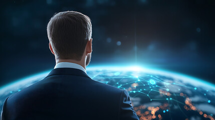 Fototapeta premium Transforming business through a radiant blue global network with iot pathways a futuristic perspective on connectivity