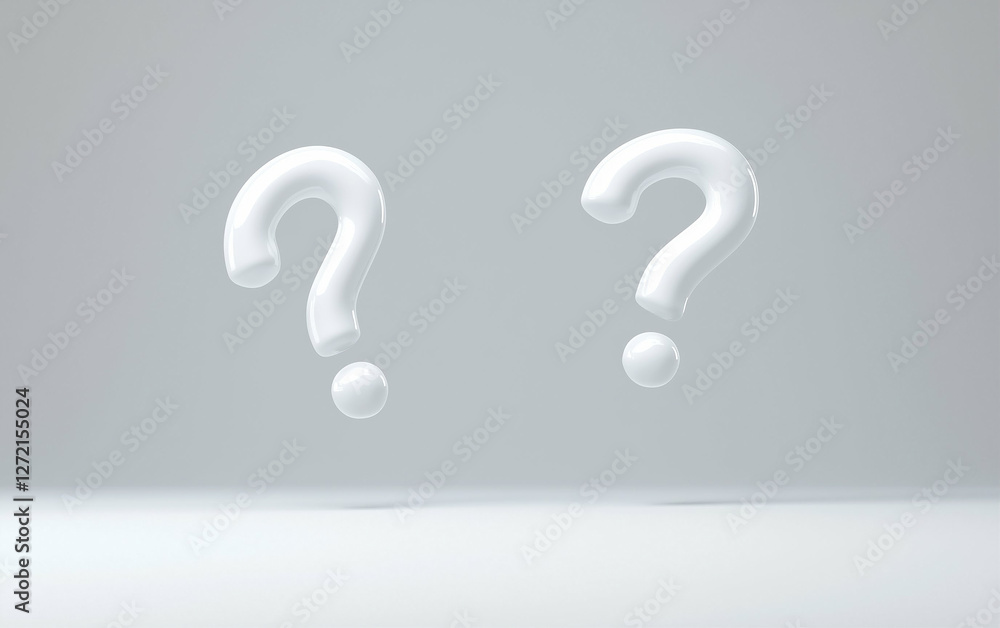 Poster question marks graphic design: two white question marks floating in a white studio with soft lightin