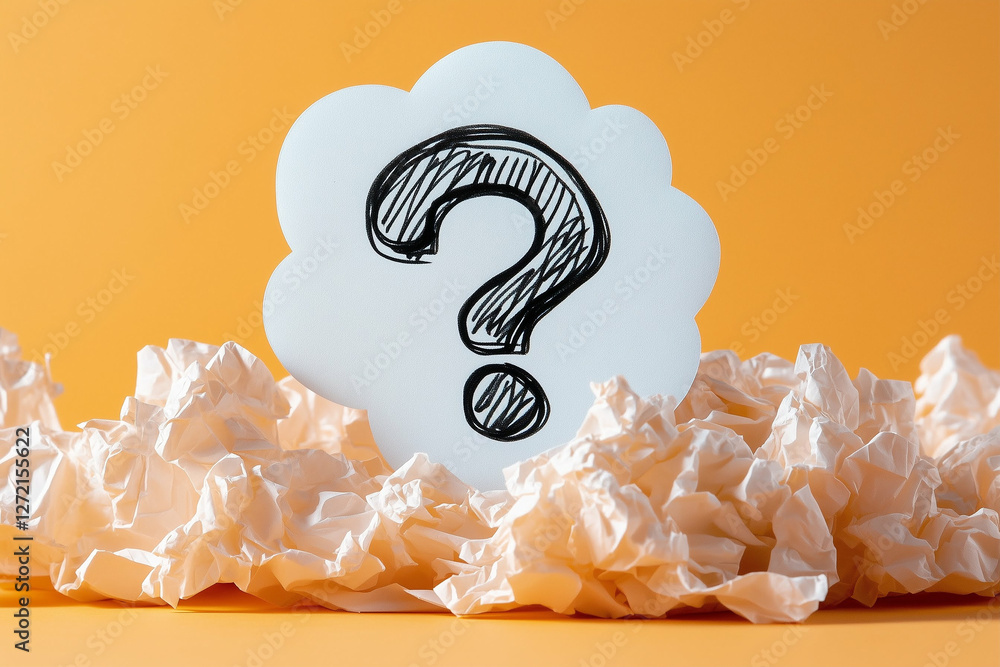 Poster question mark with crumpled paper on orange background. question mark surrounded by crumpled paper s