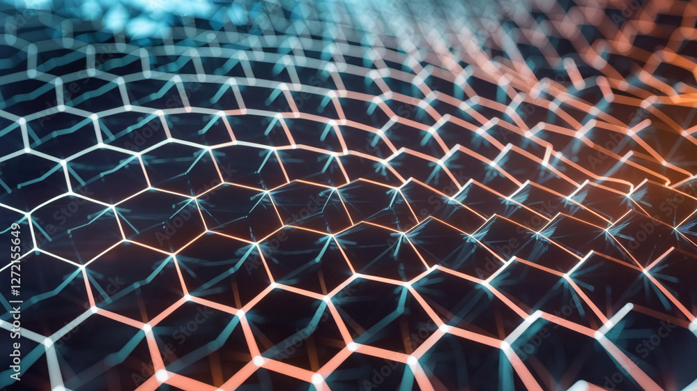 Poster a vibrant and dynamic digital pattern of glowing hexagonal shapes with blue and orange lights, creat