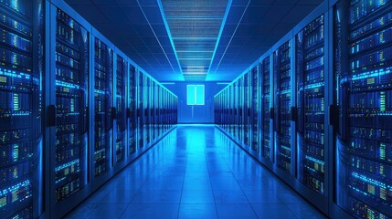 Fototapeta premium Futuristic data center with glowing server racks, symbolizing cloud computing, AI, and cybersecurity. Ideal for technology, networking, and IT infrastructure themes