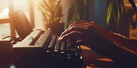 Hands typing on a vintage typewriter, bathed in warm sunlight, evoking nostalgia, creativity, and the timeless passion for writing