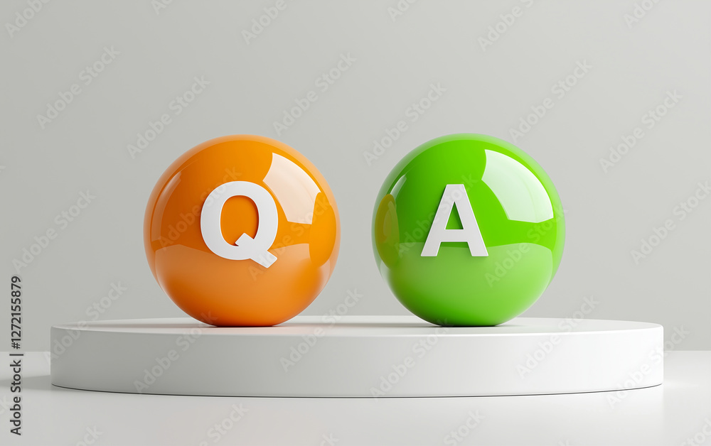 Poster question and answer spheres with q and a letters on white platform. graphic elements of communicatio