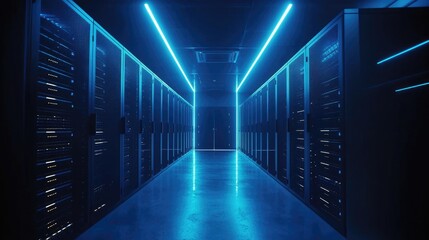 Futuristic data center hallway lined with glowing server racks, illuminated in blue, symbolizing cloud computing, cybersecurity, and IT infrastructure. Ideal for technology and networking concepts
