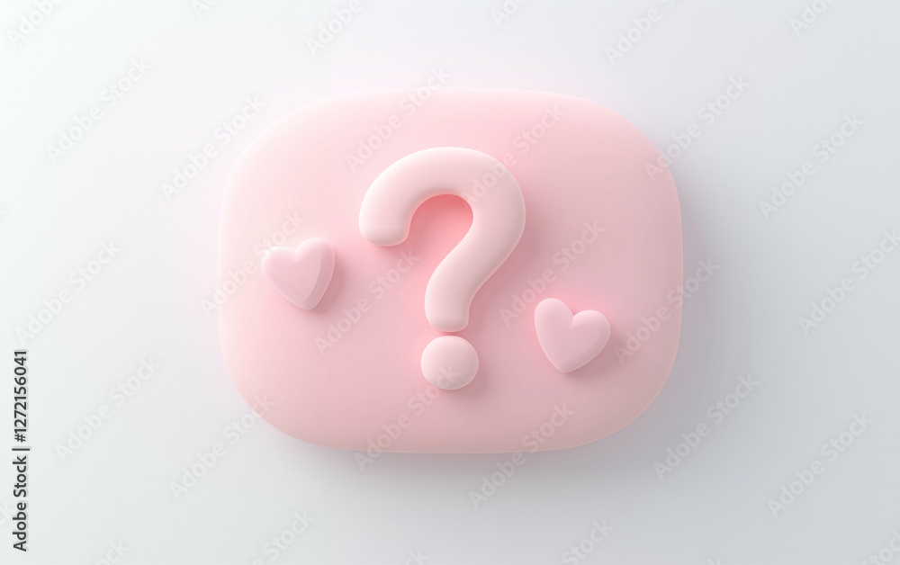 Poster pink question mark with hearts on pink background represents questions and emotions. 3d rendering of
