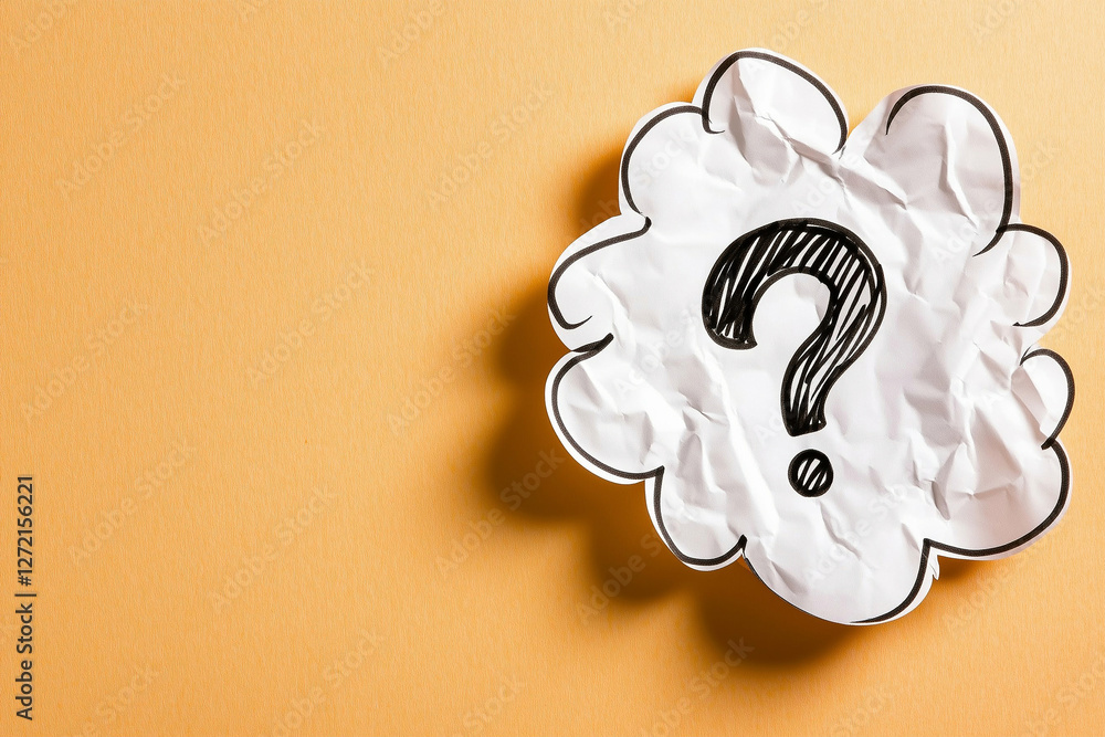 Aufkleber crumpled paper speech bubble with question mark on orange background. speech bubble question mark co