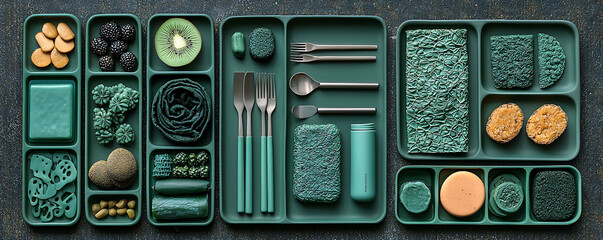 Stylish flatlay showcasing various greenhued food items and utensils arranged in dark green trays.  A concept of healthy eating, mindful consumption, or natureinspired design.