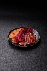 Jerky, dried meat in the form of slices with salt, spices and herbs