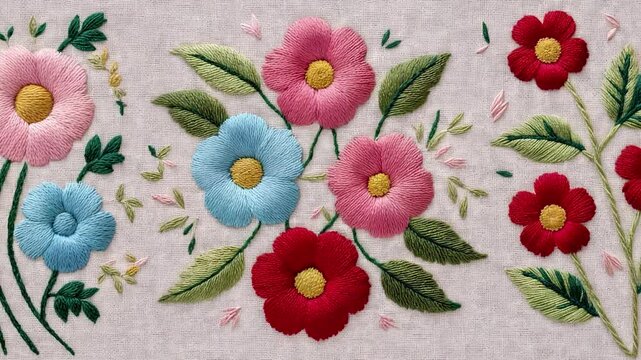 Flowers embroidery fancywork floral pattern spring summer colorful plants decorative aesthetic beautiful background design