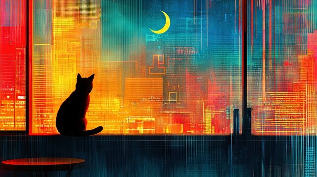   A feline perched atop urban ledge, gazing skyward with half-lit lunar orb behind cityscape