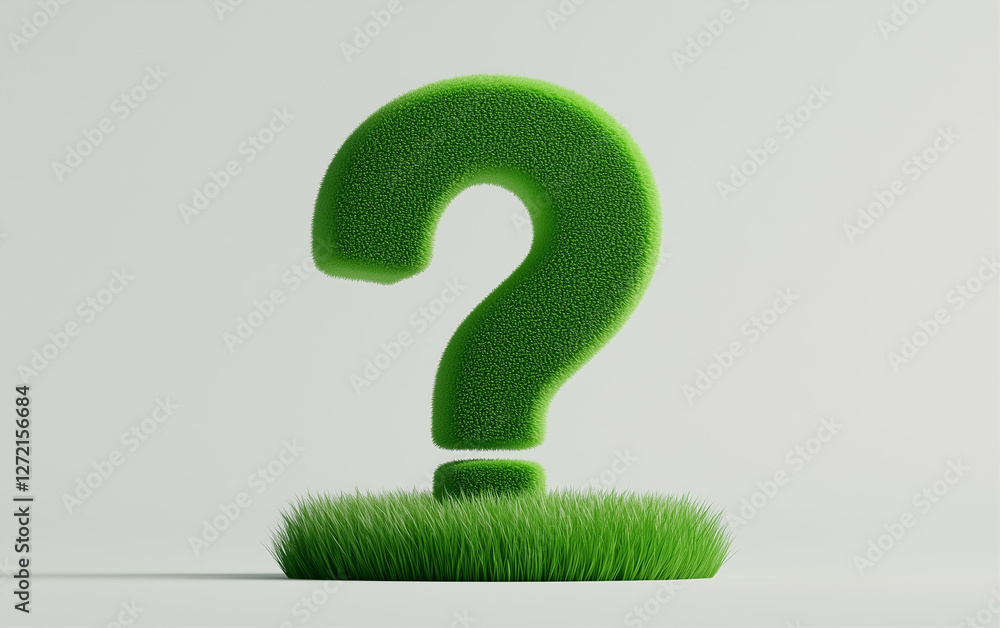 Poster green question mark on grass a graphic design element. question mark covered in green grass standing