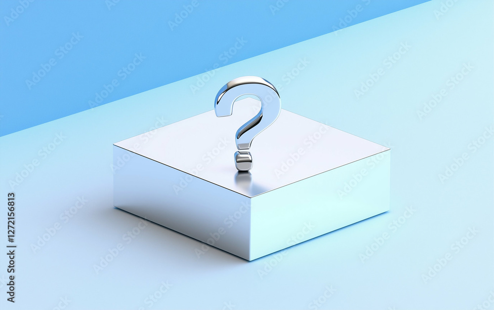 Poster question mark on silver cube in graphic design style creative concept. question mark on pedestal. qu