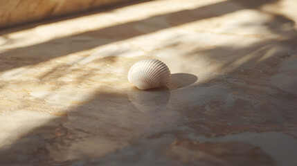Sea shell sitting on a marble surface in the sunlight, casting interesting shadows, evoking a sense of calm.