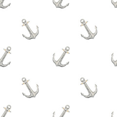Watercolor pattern anchor symbol navigation, pirate. Illustration hand drawn in pastel gray colors. Seamless print on white background fabric, textile, packaging, clothes, wallpaper, nursery, bathroom
