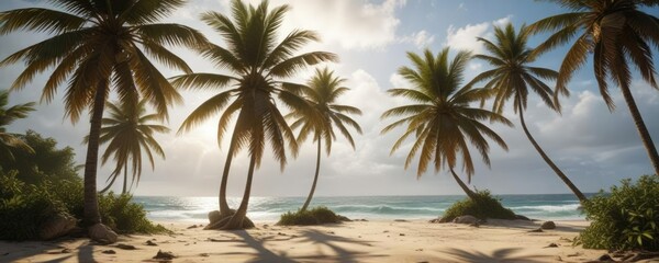 Coconut palms bent and twisted by powerful winds, forest stormy, coconut trees in the wind