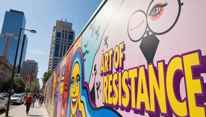 Colorful mural showcasing "Art of Resistance" in vibrant city, activism